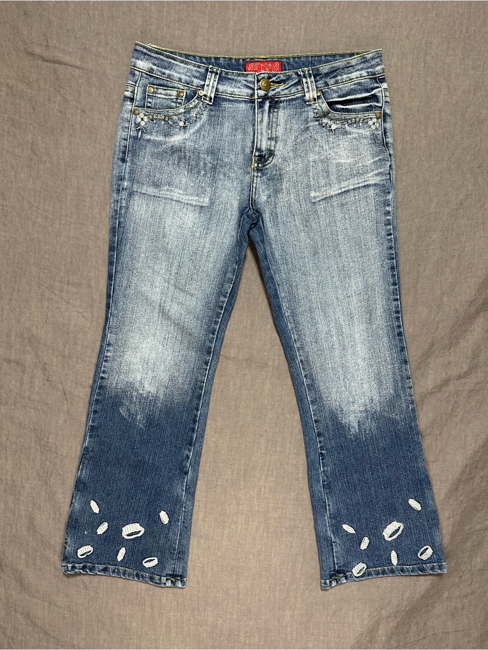 Se Yoo Vintage Y2K Low Rise Jeans with Diamond Ring Embroidered Accents